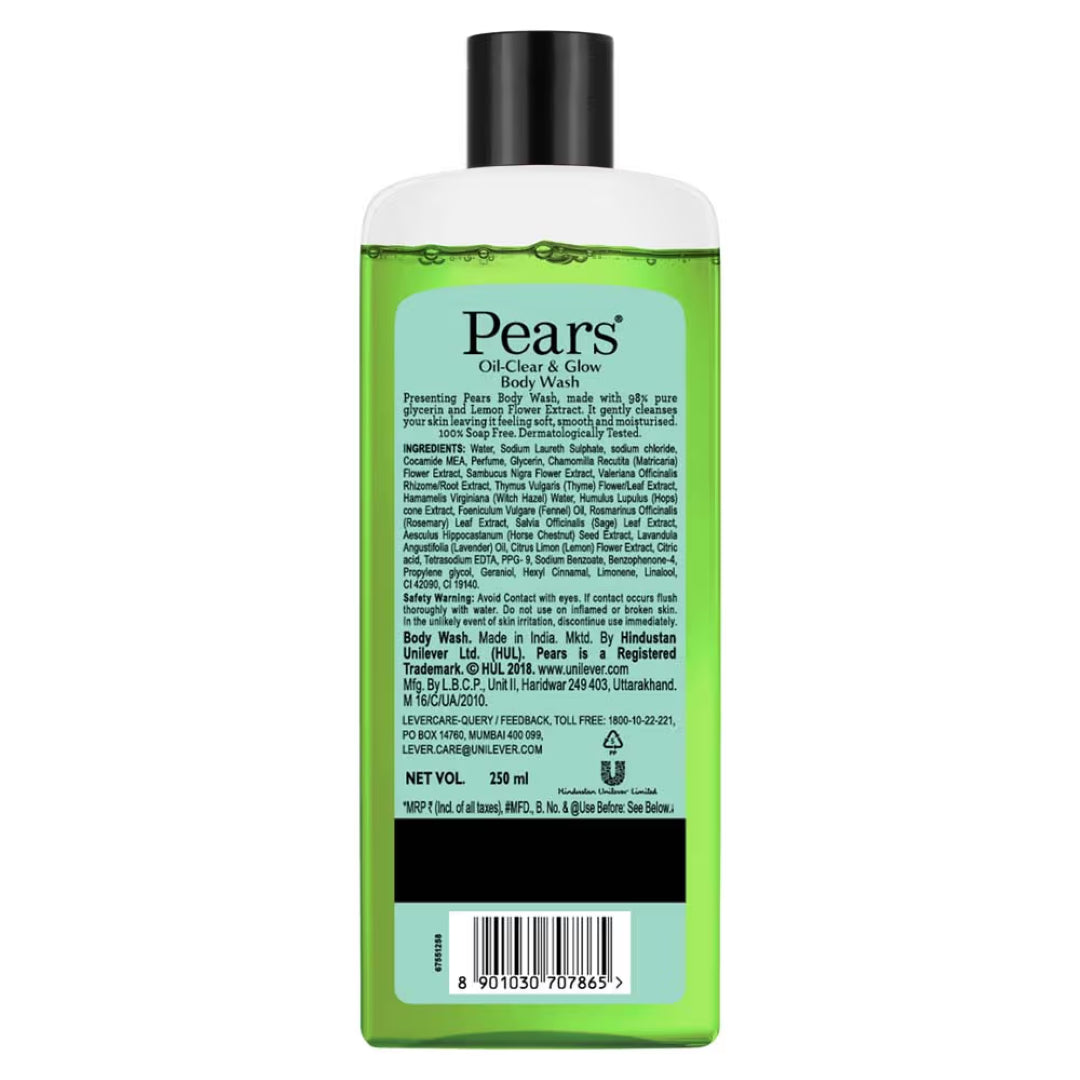 Pears Oil-Clear and Glow Body Wash Paraben Free Shower Gel 98% Pure Glycerin (250ml)