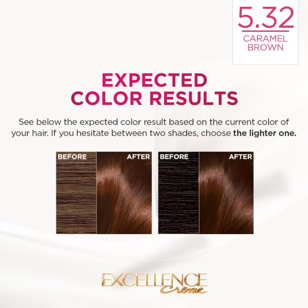 L'Oreal Paris Hair Colour, Radiant At-Home Hair Colour with up to 100% Grey Coverage, Excellence Creme, 5.32 Caramel Brown, 72ml+100g