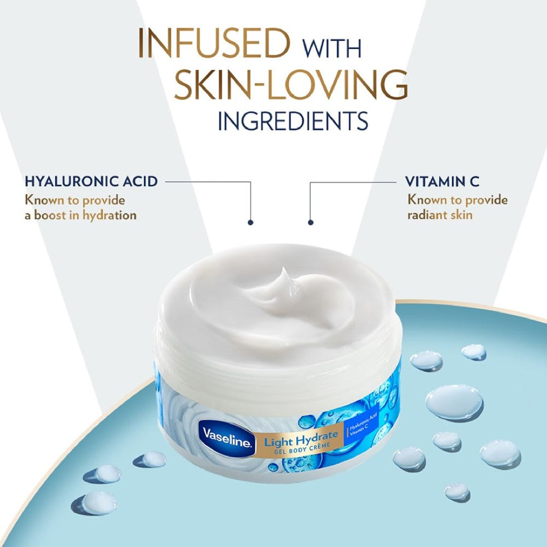 Vaseline Light Hydrate Gel Body Creme, 180 g. Hyaluronic Acid & Vitamin C for Hydrated, Radiant Skin