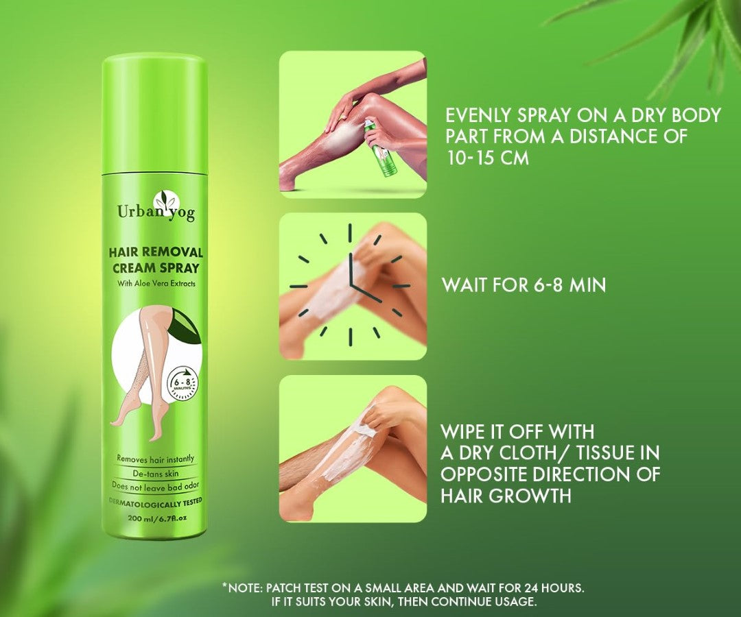 Urban yog Hair Removal Cream Spray for Women | Painless Body Hair Removal Spray for legs, hands, underarm & back Green (200 ML)