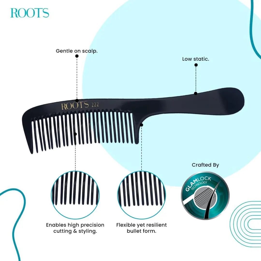 ROOTS - Professional Hair Cutting Fine Tooth Comb with Handle | Salon Grade - For Men & Women | Ideal for Sectioning & Colouring | Prevent Hair & Scalp Damage | Length - 7.7 Inch | Model No. 222