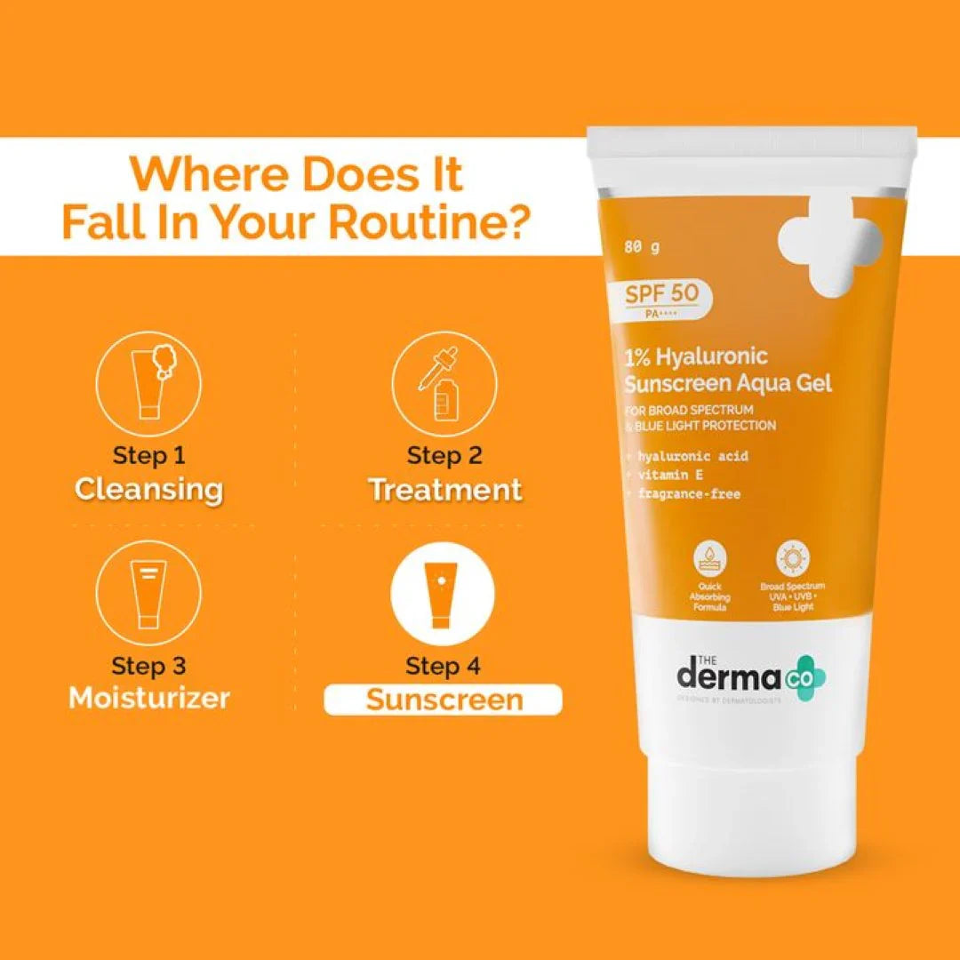 The Derma Co 1% Hyaluronic Long Lasting Sunscreen SPF 50 & PA++++ 50 g Zero White Cast