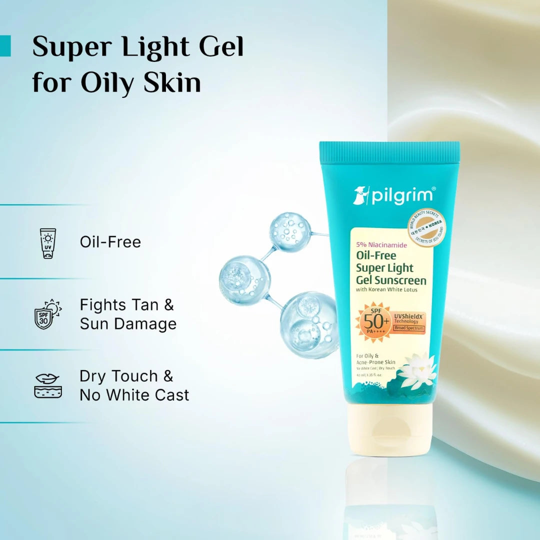 Pilgrim 5% Niacinamide Oil-Free Super Light Gel Sunscreen For Oily Skin SPF 50 PA++++ (40ml)