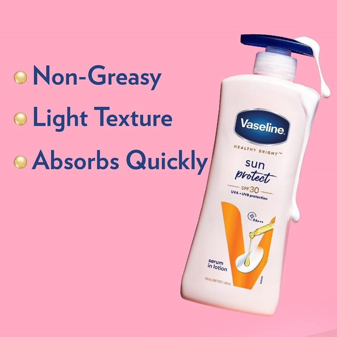 Vaseline Healthy Bright, Sun + Pollution Protection Daily Moisturizer, 400ml, for Glowing Skin, 2-in-1 Body Lotion with SPF 30, Fast Absorbing and Non-sticky, for Dry Skin, for Men & Women