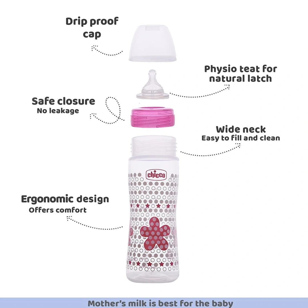 Chicco Well-Being 330 ml Feeding Bottle, Advanced Anti-Colic System, BPA Free, Hygienic Silicone Teat (Pink)