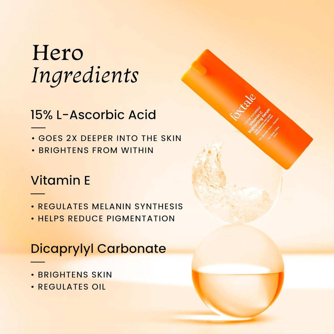 Foxtale 15% Vitamin C Face Serum for Glowing Skin | Purest Vitamin C (L-Ascorbic Acid) with Vitamin E | Moisturizing Serum for Sensitive Skin | All Skin Types | Face Serum for Men & Women | 30 ml