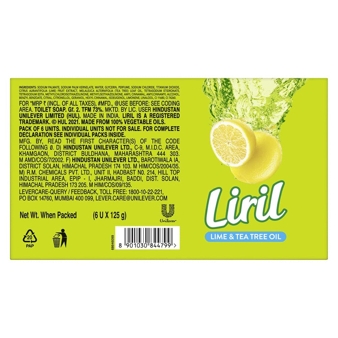 Liril Lemon & Tea Tree Natural Bathing Soap for Body 125 g (Combo Pack of 6) Refreshing Bath Soap Bar for Men & Women - Sulphate Free|| Paraben Free