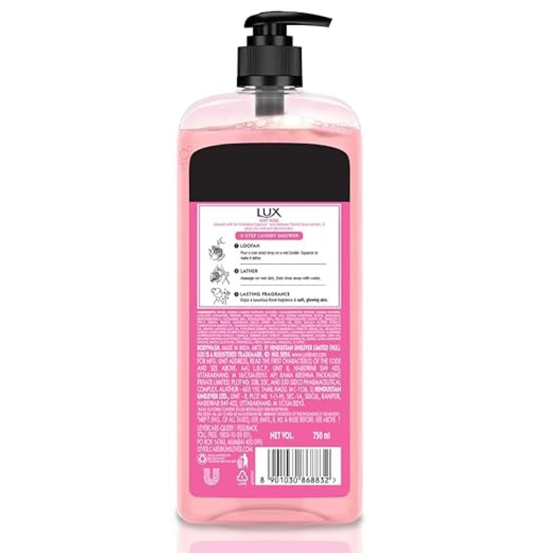 Lux Body Wash Soft Skin French Rose & Almond Oil Super Saver XL Pump Bottle with Long Lasting Fragrance, Glycerine, Paraben Free, Extra Foam, 750 ml
