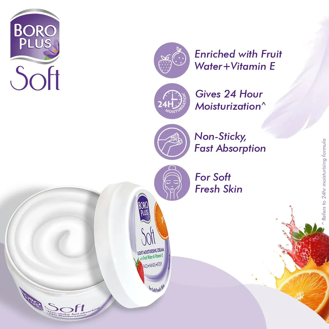BoroPlus Soft Light Moisturising Cream | Light & Non-sticky | Provides 24 hour moisturisation|Ayurvedic Cream for all seasons |Hand Cream, Body Cream & Face Cream | Vitamin E (200ml)