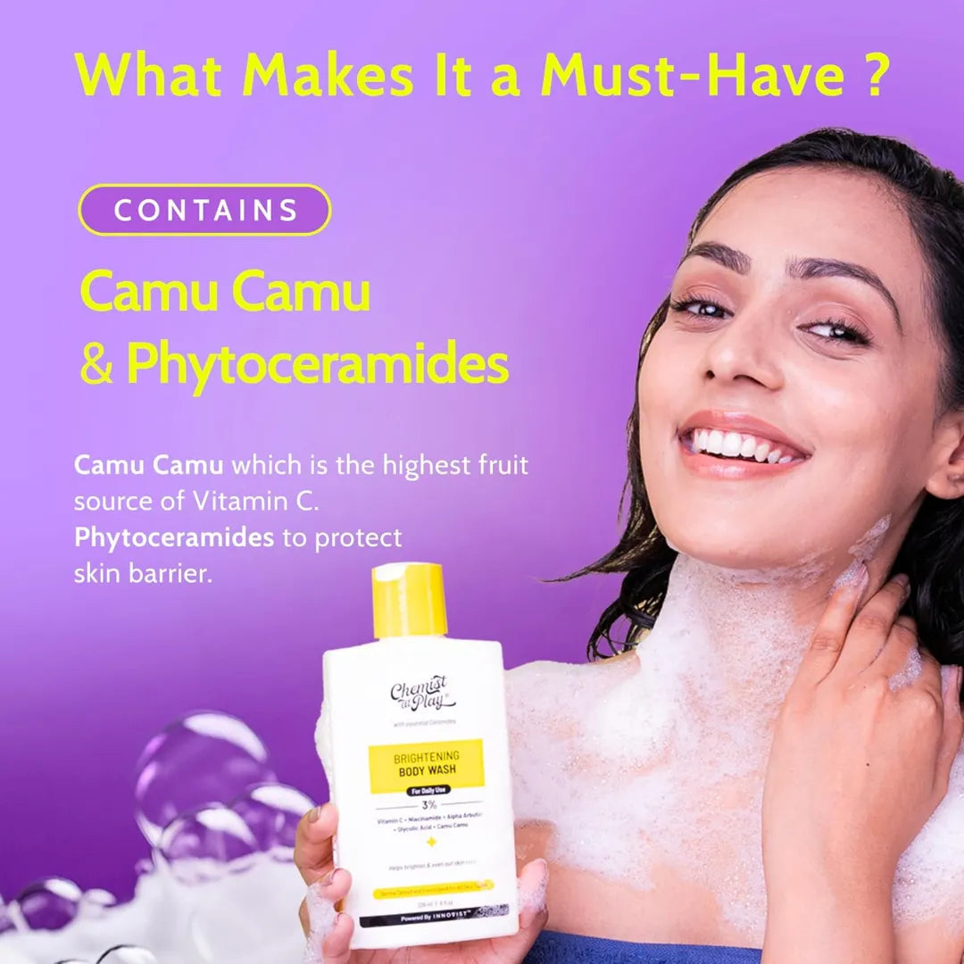 Chemist at Play Brightening Body Wash | Vitamin C Bodywash for Glowing Skin | Fades Dark Spots | Evens out Skin Tone | Alpha Arbutin | 30X Vitamin C with Camu Camu | For Women & Men | 236mL