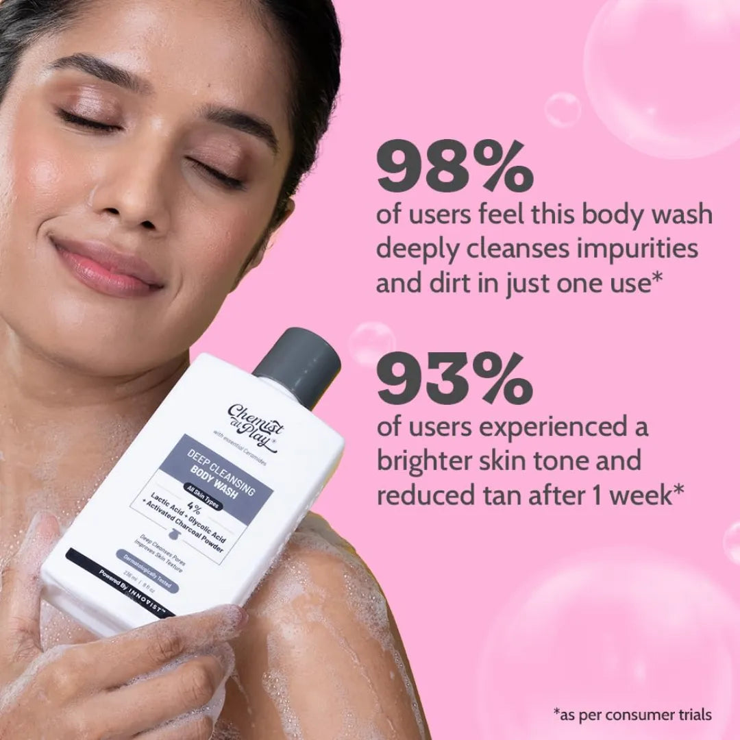 Chemist At Play Deep Cleansing Body Wash| Activated Charcoal Removes Dirt | Lactic Acid for Skin Texture| Glycolic Acid for Exfoliation| 236ml