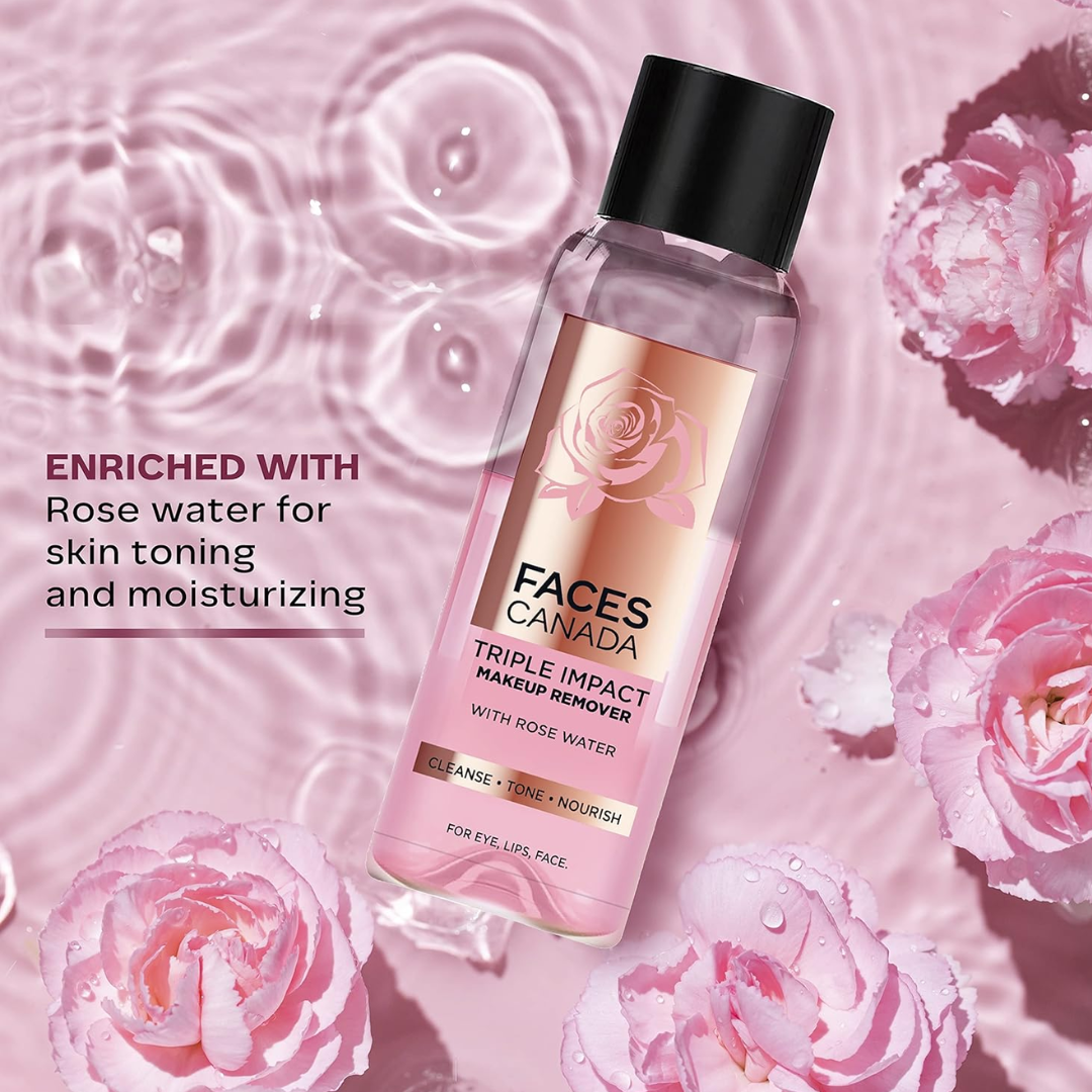 FACESCANADA Triple Impact Makeup Remover, 120 Ml | With Rose Water | 3-In-1 Cleanse, Tone & Nourish | Deep Cleanses & Removes Makeup For Eyes, Lips & Face | Bi-Phasic Formula