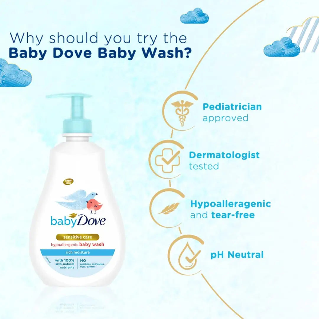 Baby Dove Rich Moisture Body Wash 400ml | Head to Toe Sensitive Care | Hypoallergenic, Tear-Free | No Sulphates, Parabens | Moisturizing Body Wash