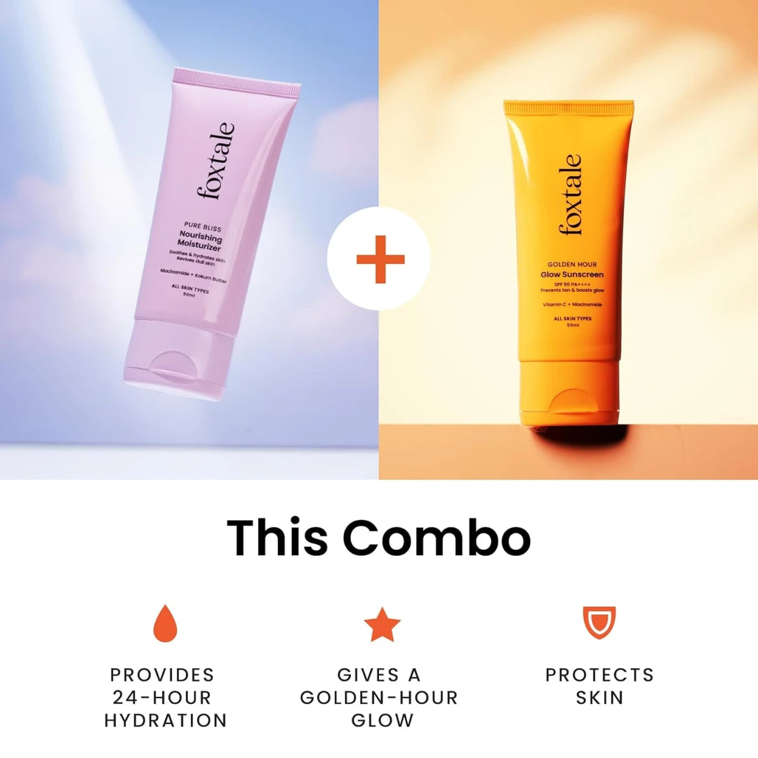 Foxtale Healthy Glow Combo for Soft and Hydrated Skin and a Healthy Golden Glow with Nourishing Moisturizer - 50 ml and Glow Sunscreen - 50 ml, For All Skin Types, Men & Women