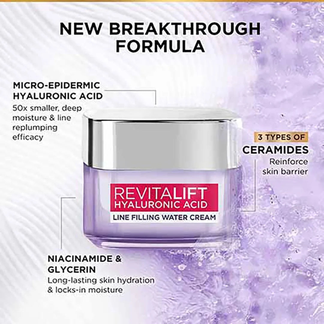 L'Oreal Paris Day Cream for Women, Hydrates and Replumps, For Radiant Skin, Revitalift Hyaluronic Acid, (15ml)