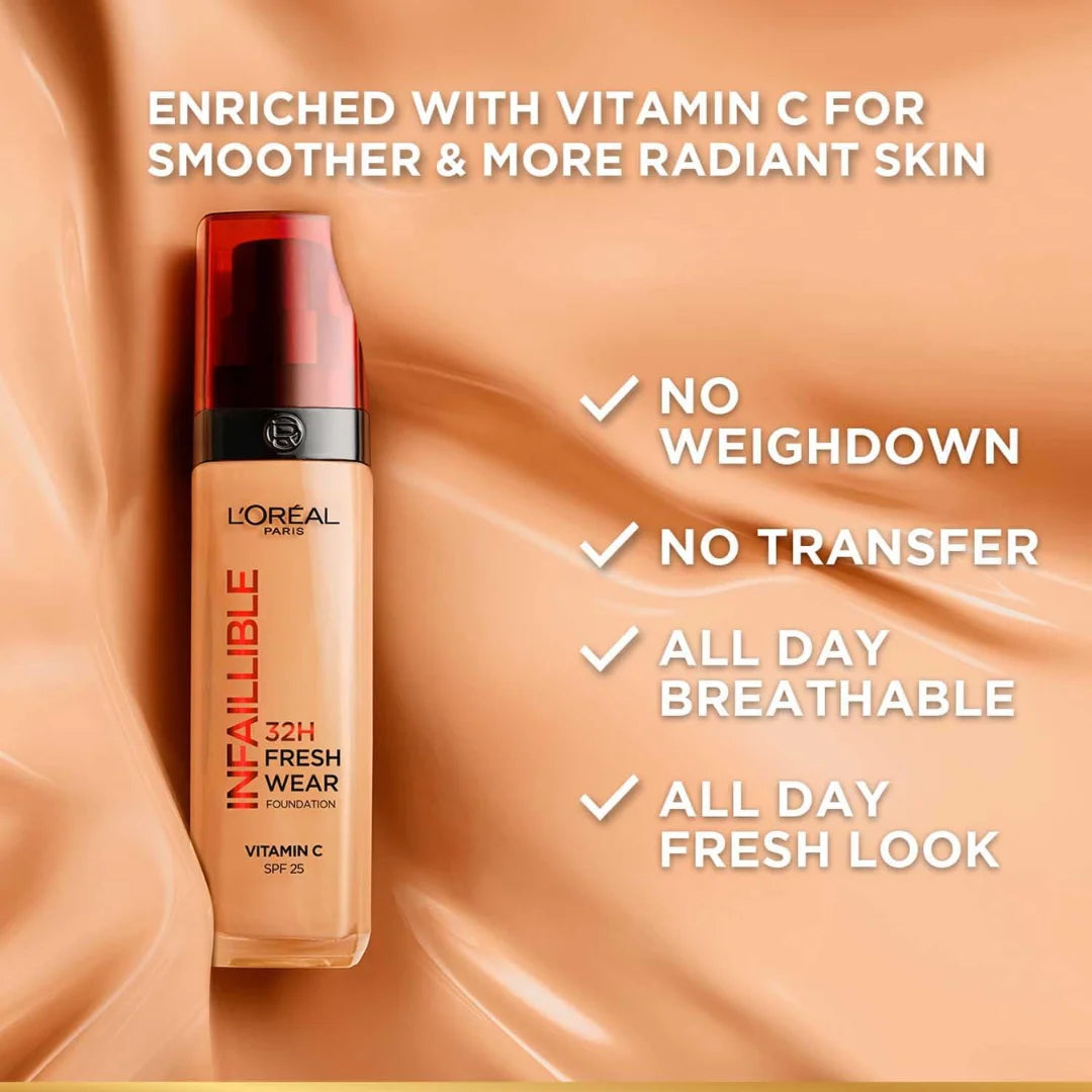 L'Oreal Paris Liquid Foundation, Oil Absorbing Formula, Transferproof, Heatproof and Long-lasting, Infallible 32H Fresh Wear, 140 Golden Beige, 30ml