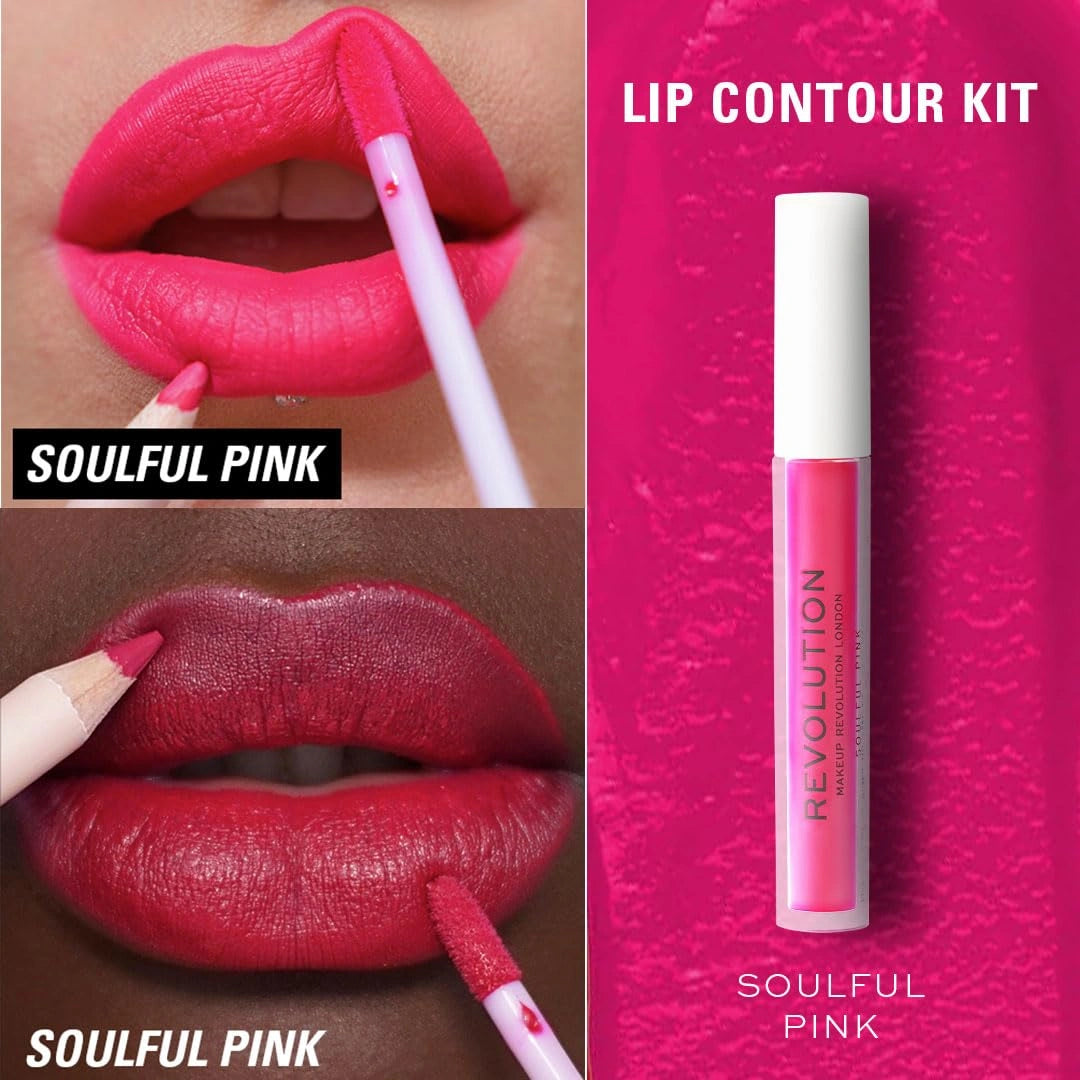 Makeup Revolution- Lip Contour Kit- Soulful Pink| Highly pigmented | Long lasting matte liquid lipstick | Creamy formula | Effortless to glide- 3 ml +0.8 g