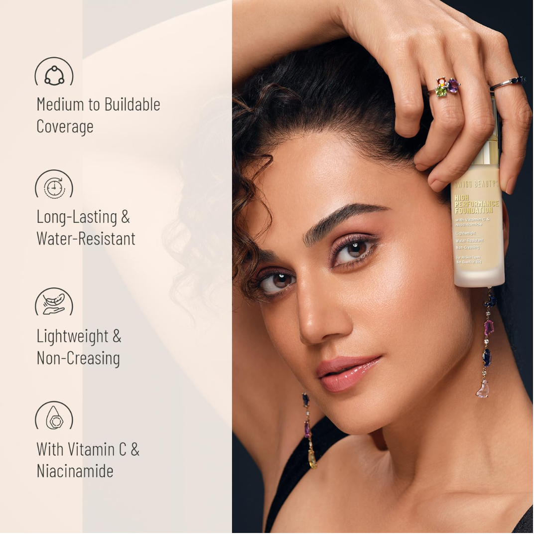 Swiss Beauty High Performance Foundation | Water-Resistant | Medium To Buildable Coverage Liquid Dewy Finish | Lightweight | Easy To Blend | With Vitamin C...