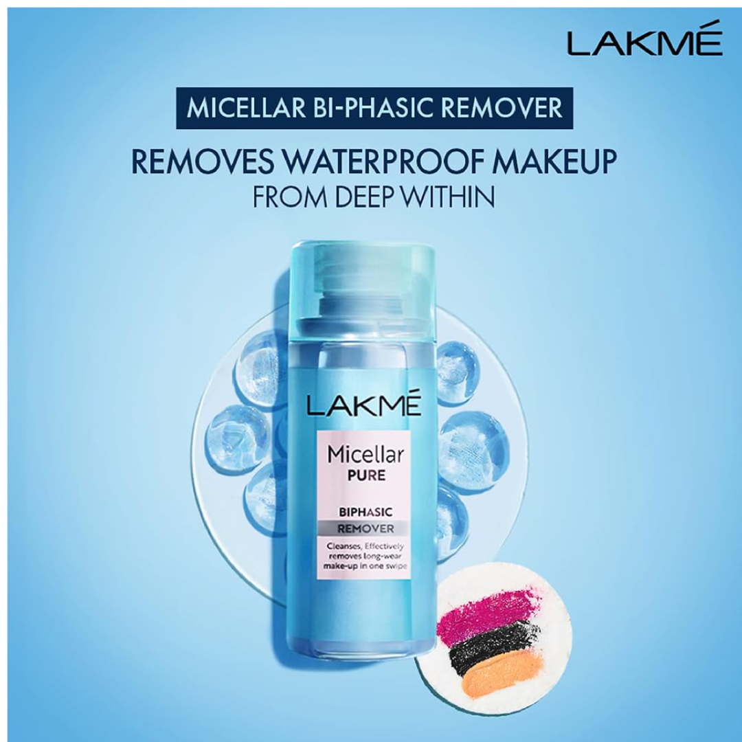 Lakme Biphasic Micellar Face Cleansing Water 100ml | Removes Waterproof Makeup | Oil and Water Formula