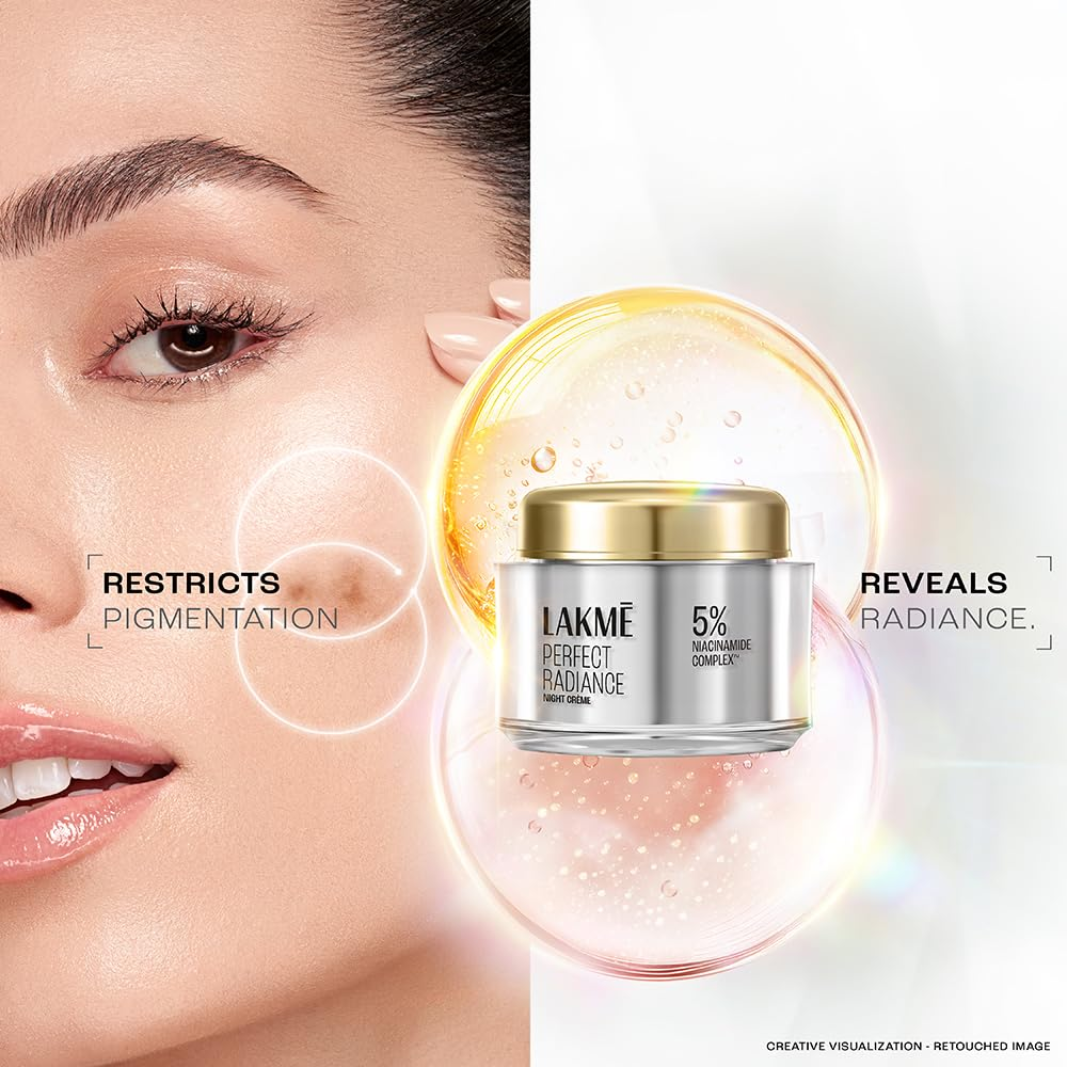 Lakme Perfect Radiance Night Cream 50g with Niacinamide to target pigmentation, night moisturiser