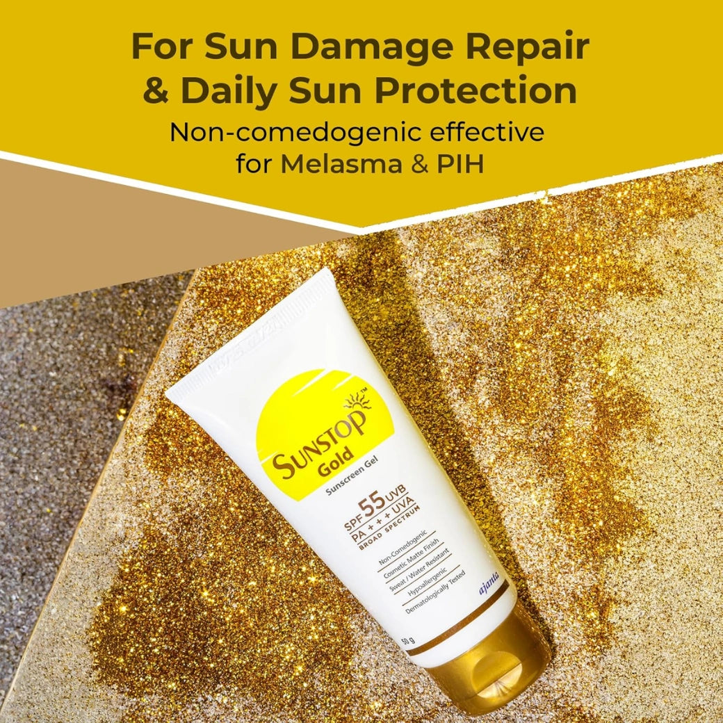 Sunstop Gold Sunscreen Gel SPF 55 PA+++ | Matte Finish & Sweat/Water Resistant 50g
