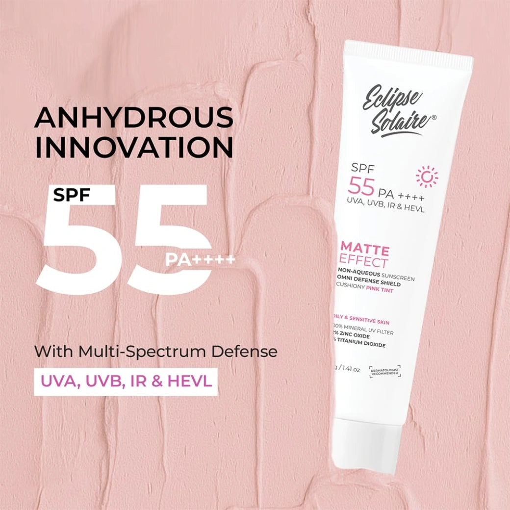 Eclipse Solaire Matte Sunscreen SPF 55 PA++++ | Lightweight, No White Cast, Waterproof & Sweat Resistant Tinted Sunscreen for Oily, Acne-Prone & Sensitive Skin – 40g
