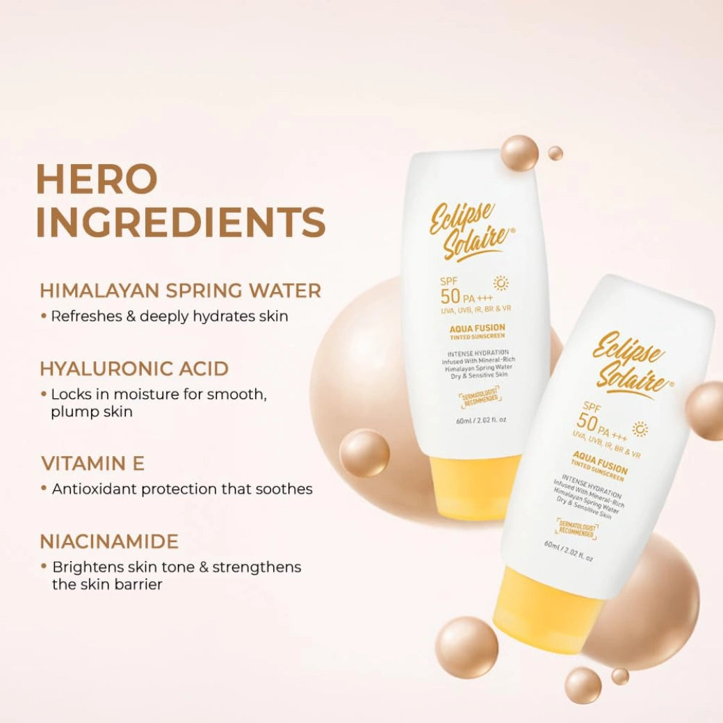 YUDERMA Eclipse Solaire Aqua Fusion Sunscreen SPF50 | 5X Protection with SPF 50 PA+++ | Infused with Himalayan Spring Water | Non-Greasy, For All Skin Types – 60ml