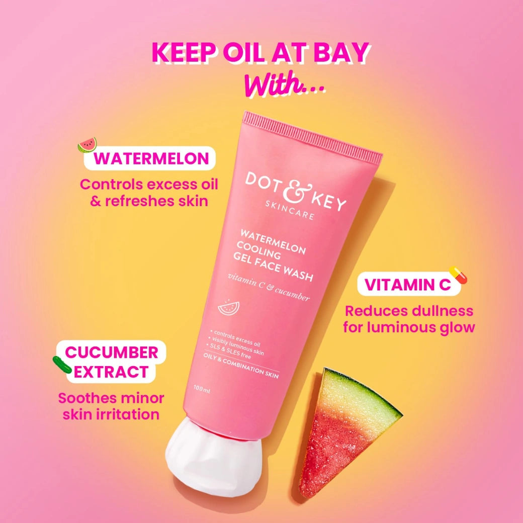 Dot & Key Watermelon Cooling Gel Face Wash With Vitamin C & Cucumber | Face Wash For Glowing Skin|Oil Free |Removes Excess Oil & Dirt | For Combination & Oily Skin| For Women & Men|175Ml