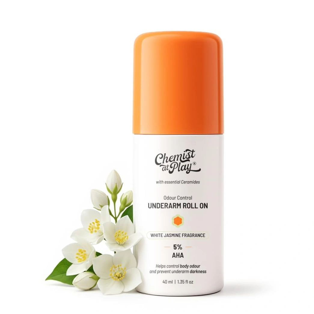Chemist At Play UnderArm Roll On with 5% AHA, Lactic Acid & 1% Mandelic Acid|Prevents Body Odour, Fades Pigmentation & Kills Bacteria|0% Aluminium & 0% Alcohol|White Jasmine Fragrance |40ml