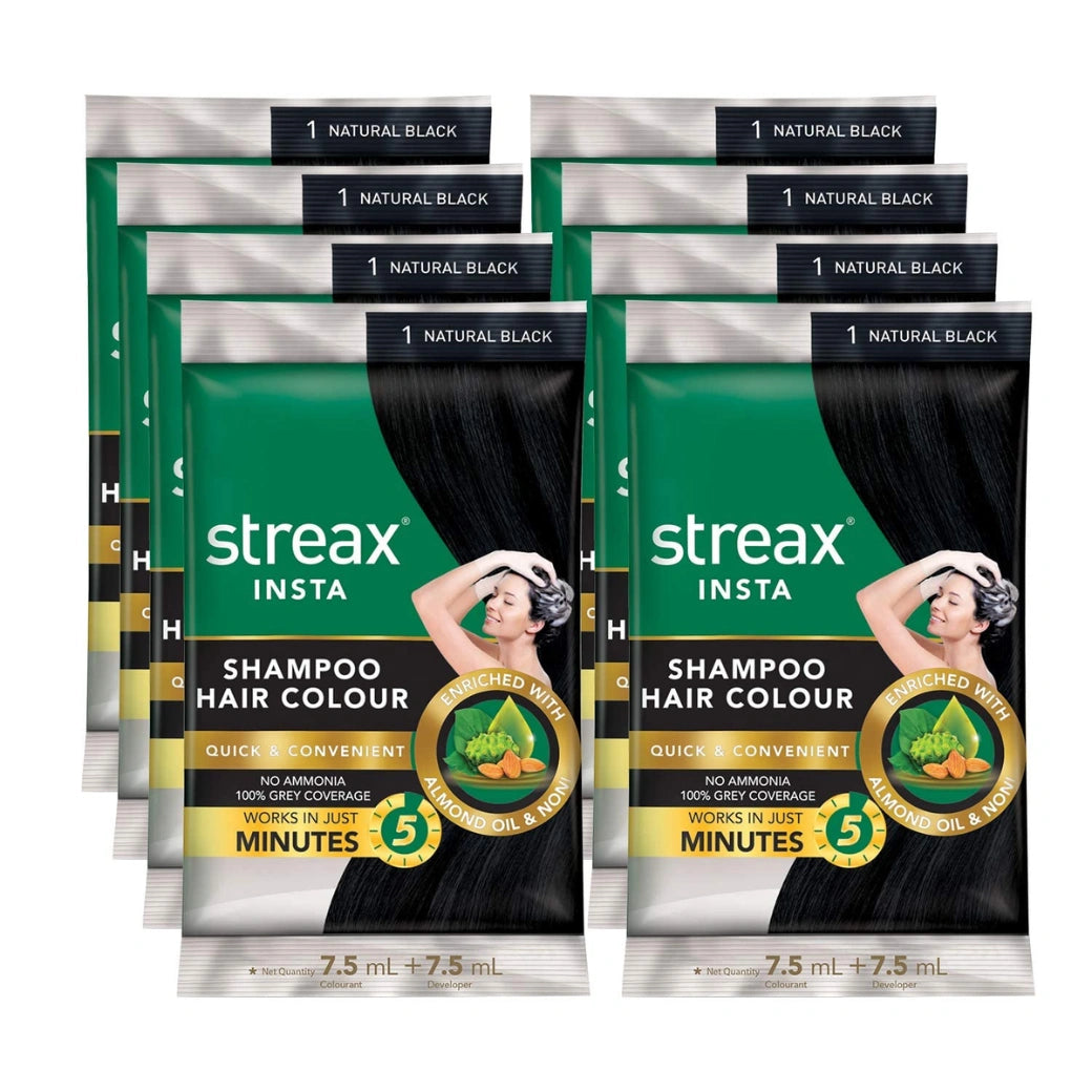 Streax Insta Shampoo Hair Colour for Men & Women, Natural Black, 18ml (Pack of 16) | Enriched with Almond Oil & Noni Extracts | Long-Lasting Instant Colour
