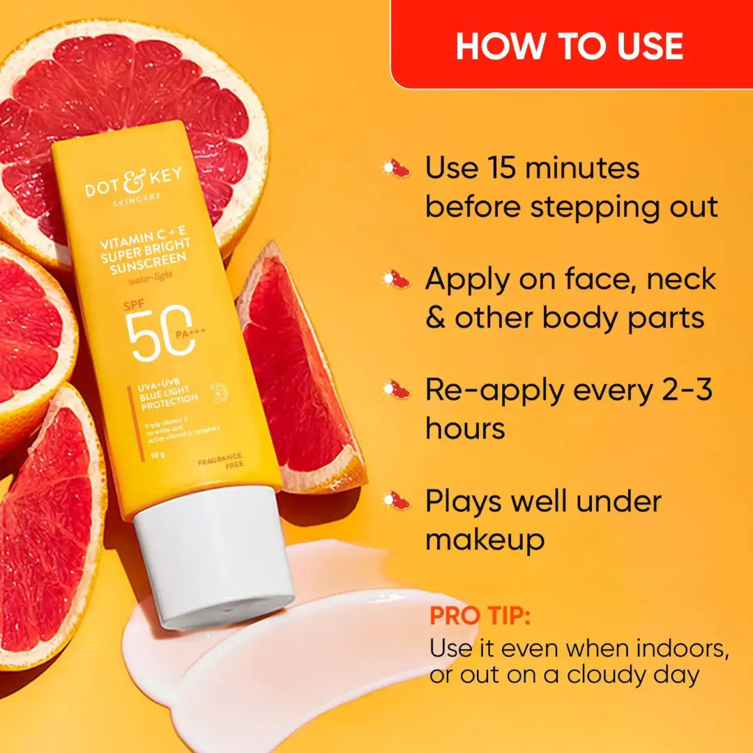 Dot & Key Vitamin C + E Super Bright Sunscreen Spf 50 |Water-Light,UVA/UVB & Blue Light Protection|For Even Toned & Glowing Skin|With Liquid Spf 50+++| No White Cast| For All Skin Types (50g)