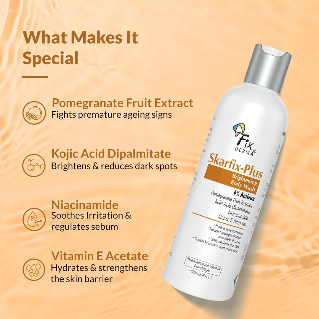 Fixderma Skarfix Plus Brightening Body Wash with 4% Actives (Kojic Acid, Niacinamide Acid, & Vitamin E) | Skin Brightening Body Wash Shower Gel Women & Men | For Hyperpigmentation & Acne Marks - 200ml