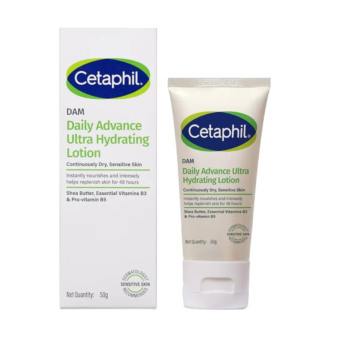 Cetaphil DAM Daily Advance Ultra Hydrating Lotion for Dry, Sensitive Skin, 50g Moisturiser with Shea Butter, Non-Greasy, Fragrance-Free, Paraben and Sulphate Free