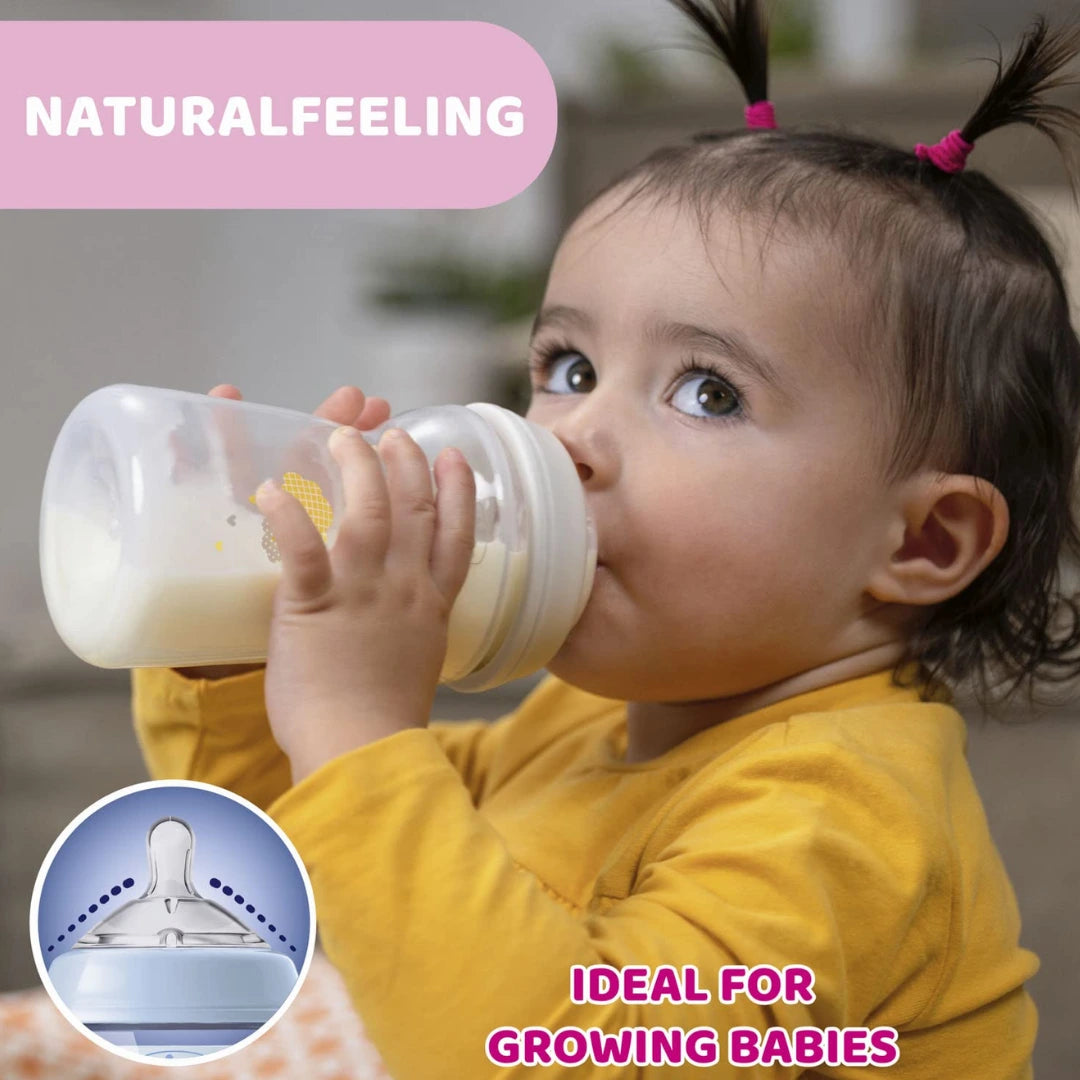 Chicco Natural Feeling 330ml Baby Milk Feeding Bottle with Wide Neck, Anti-Colic for Easy Milk Flow, for Babies & Toddlers 6m+ (Blue)