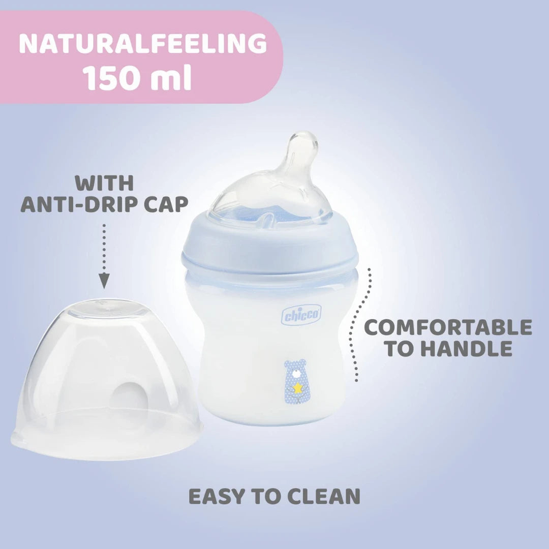 Chicco Natural Feeling 150ml Baby Milk Feeding Bottle with Wide Neck, Anti-Colic for Easy Milk Flow, for Babies & Toddlers 0m+ (Blue)