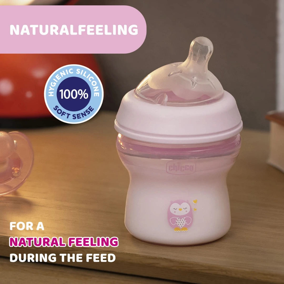 Chicco Natural Feeling 150ml Baby Milk Feeding Bottle with Wide Neck, Anti-Colic for Easy Milk Flow, for Babies & Toddlers 0m+ (Pink)