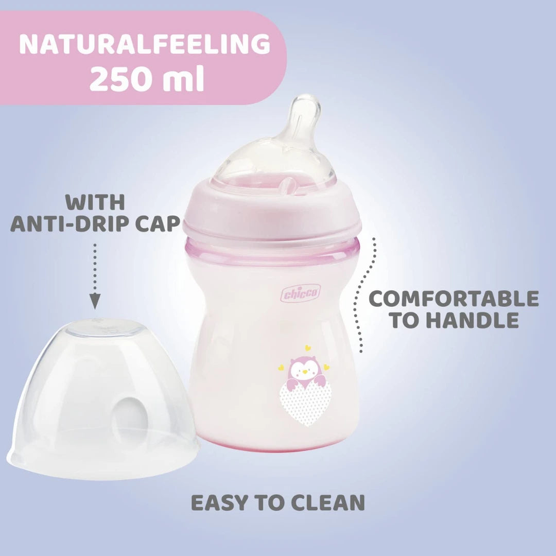 Chicco Natural Feeling 250ml Baby Milk Feeding Bottle with Wide Neck, Anti-Colic for Easy Milk Flow, for Babies & Toddlers 2m+ (Pink)