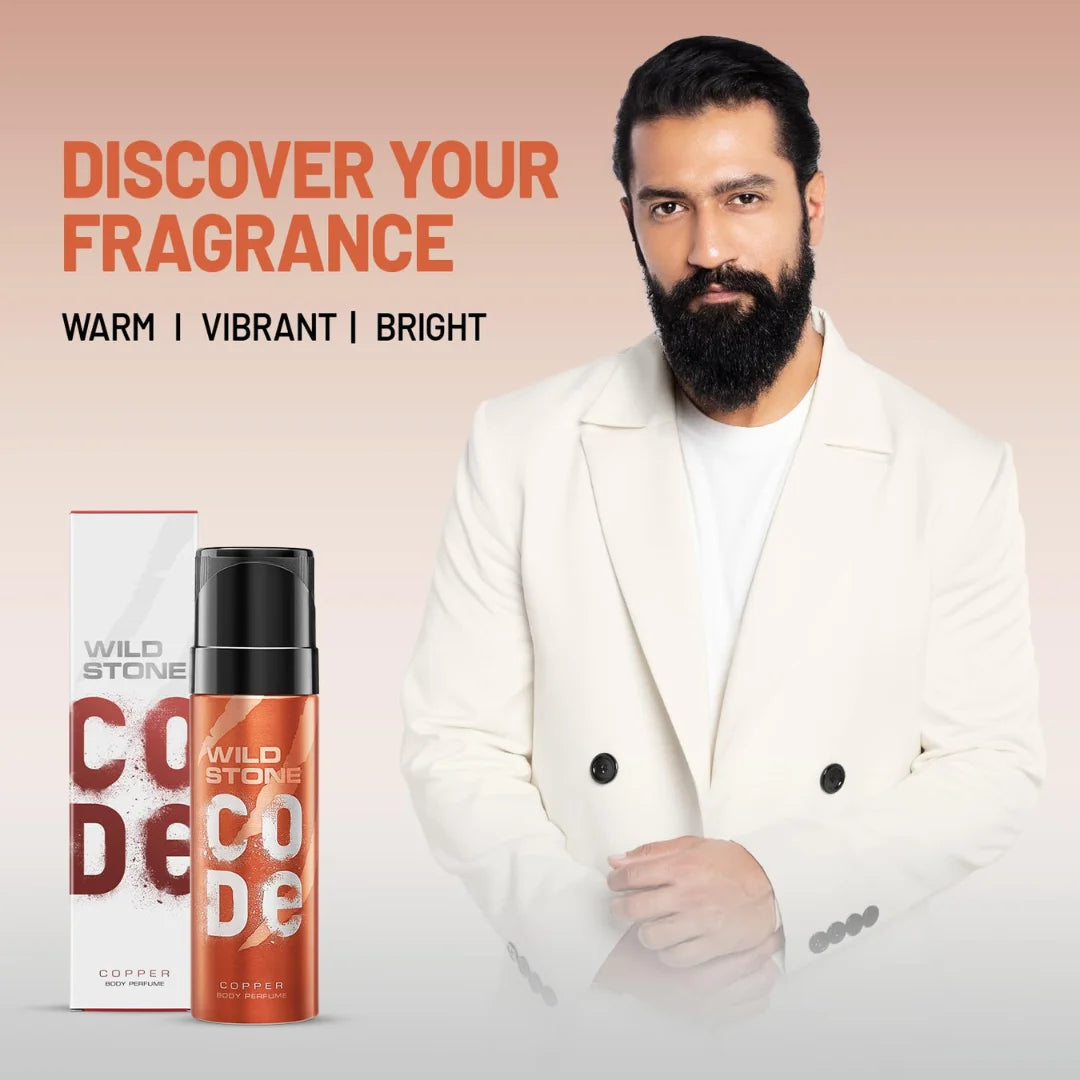 WILD STONE CODE Copper Long Lasting No Gas Body Perfume Spray for Men, 120Ml