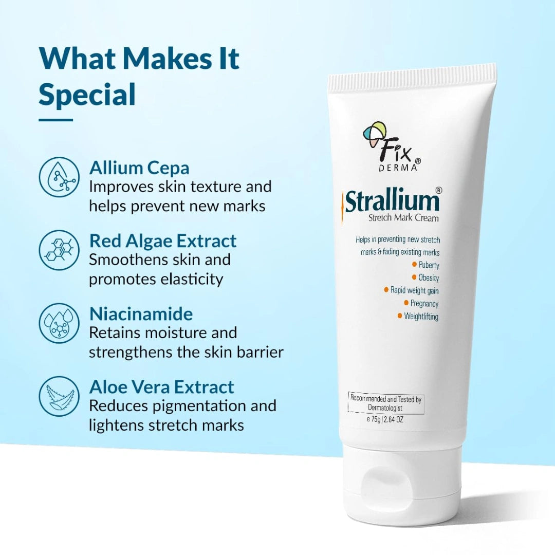 Fixderma Strallium Stretch Mark Cream, Removes Pregnancy stretch marks, Scar removal and Moisturizing Cream, Stretch mark remover for Stomach, thighs & all body parts- 75g
