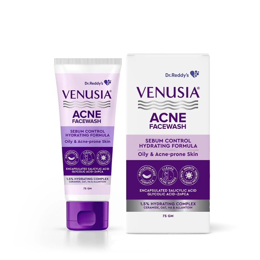 Dr. Reddy's Venusia Acne Facewash | Sebum Control & Hydrating Formula | Clears Acne-marks | Enriched with encapsulated Salicylic Acid, Glycolic Acid, Ceramide - Oat - HA Complex | Oily & Acne-Prone Skin | 75g - Deals999