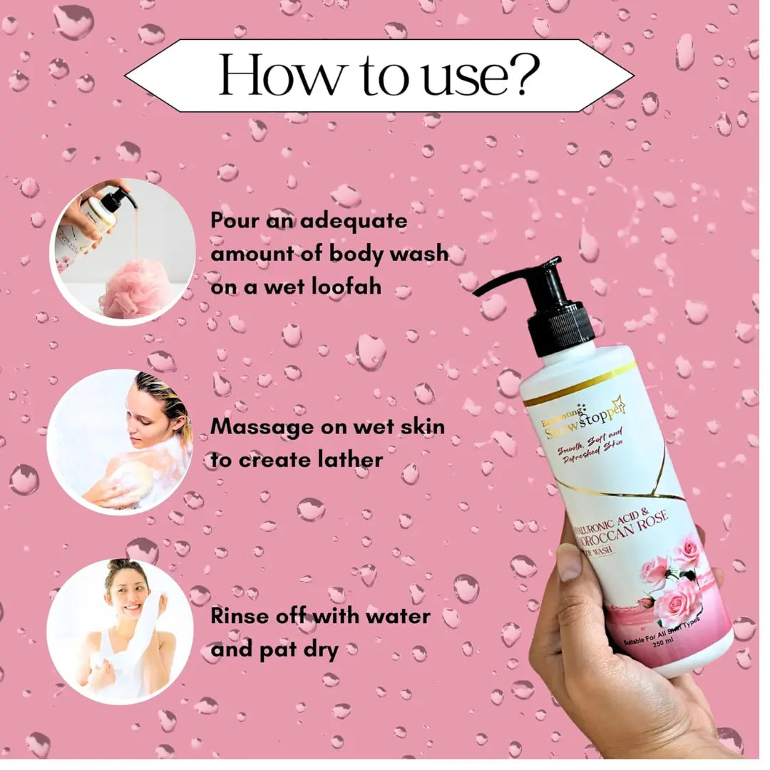 Enchanting Showstopper Hyaluronic Acid Body Wash with Moroccan Rose & Honey, Intense Moisturizing & Hydrating Cleanser for Soft, Smooth Skin, Gentle.