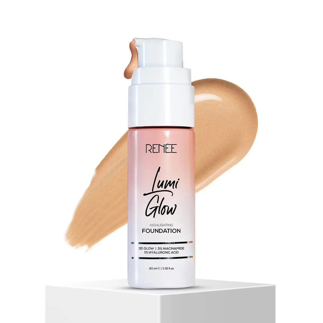 RENEE Lumi Glow Highlighting Liquid Foundation - Glazed Bronze | Lightweight, Buildable, Medium Coverage, Dewy Finish, 3D Glow | Uneven Skin Tone, Hydrates | With Niacinamide & Hyaluronic Acid |30 ml