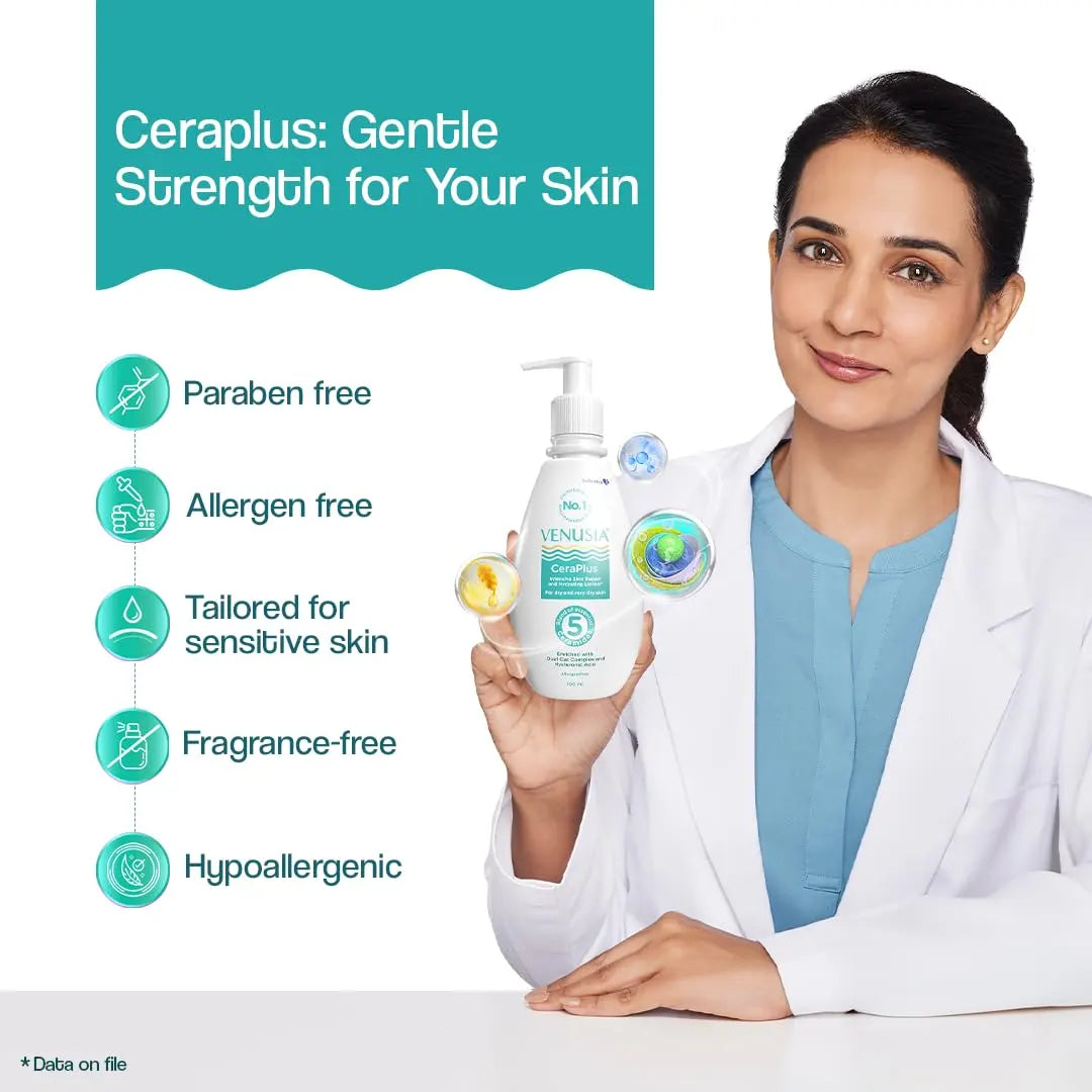 Dr. Reddy's Venusia CeraPlus Moisturizing Lotion For Dry Skin - Formulated With 5 Essential Ceramides, Oat Complex, Hyaluronic Acid : Hypoallergenic and Fragrance-Free : 100ml