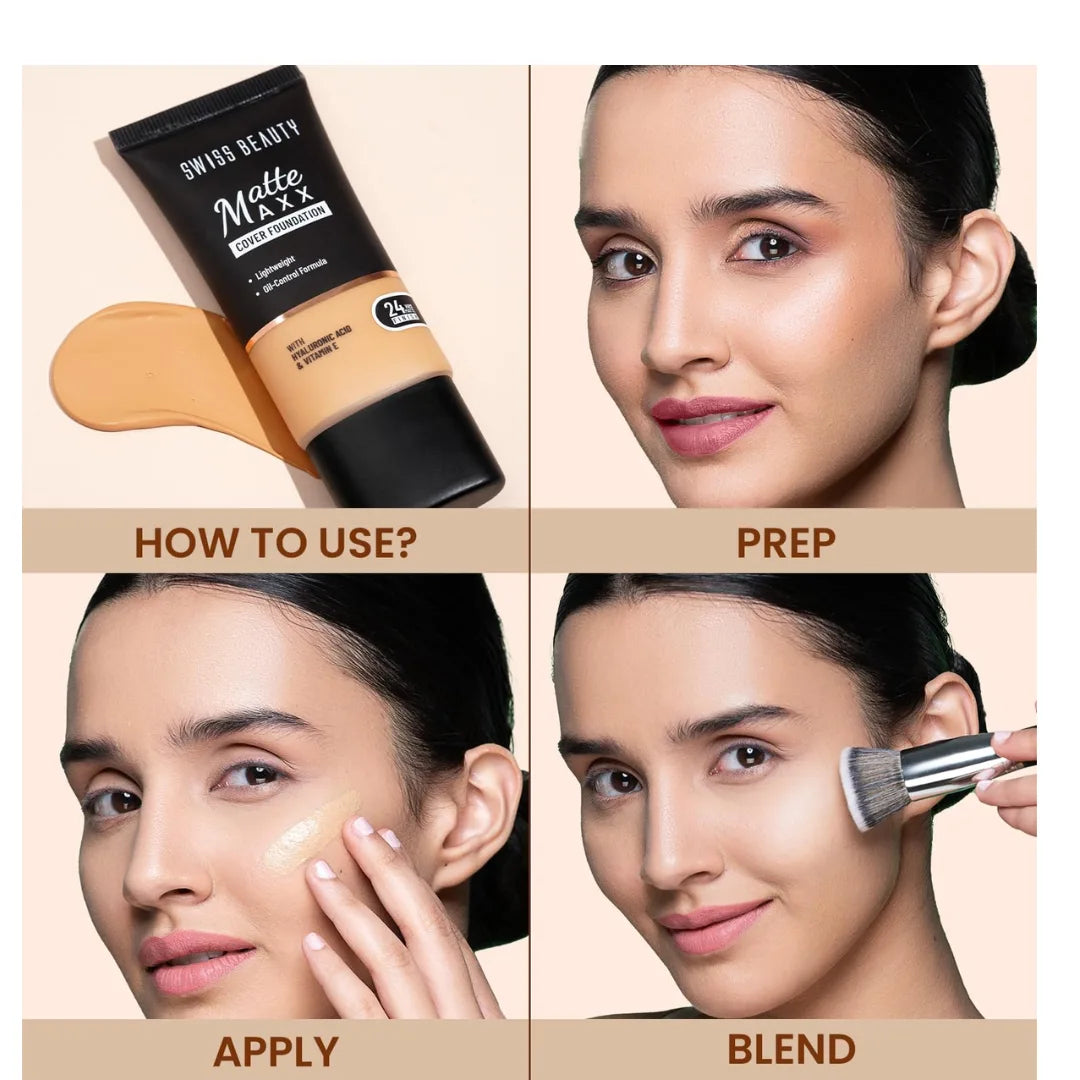 SWISS BEAUTY All Skin Matte Maxx Cover Foundation | 24- Hour Stay | With Hyaluronic Acid & Vitamin E | Oil-Control Formula | Shade 04 Medium Warm, 30g