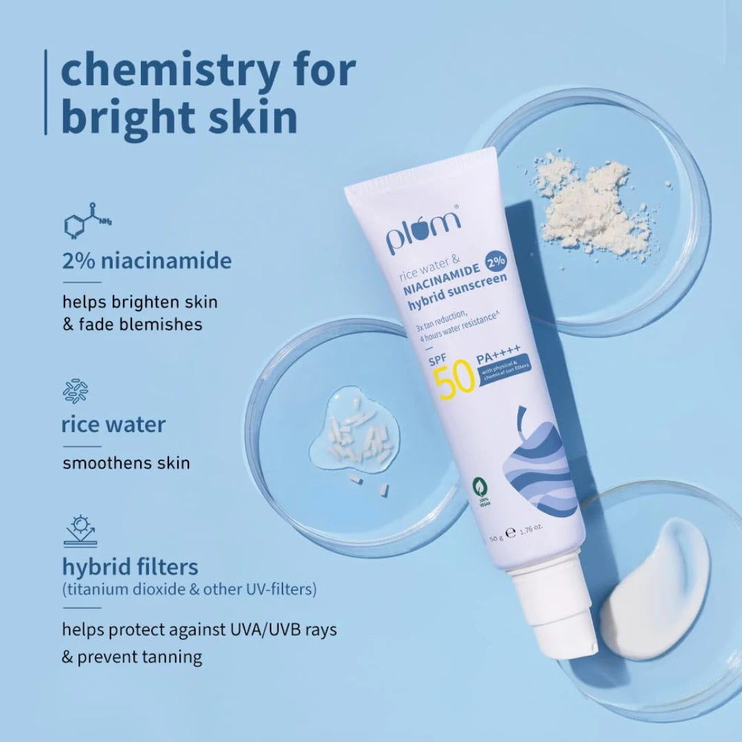 Plum 2% Niacinamide Sunscreen SPF 50 PA++++ With Rice Water | 4-hr Water Resistant | 3x Tan Reduction & Brightens | No White Cast, Lightweight, Non-Sticky | Dermatologically Tested | All Skin Types | Women & Men | 100% Vegan | 50g