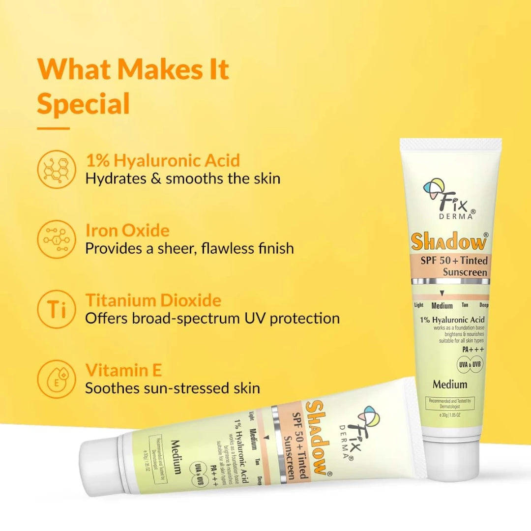Fixderma Shadow Tinted Sunscreen Medium SPF 50 PA+++ | 1% Hyaluronic Acid & Vitamin E | Brightens & Nourishes the Skin | UVA & UVB Protection | Lightweight | No White Cast | For All Skin Types - 30gm