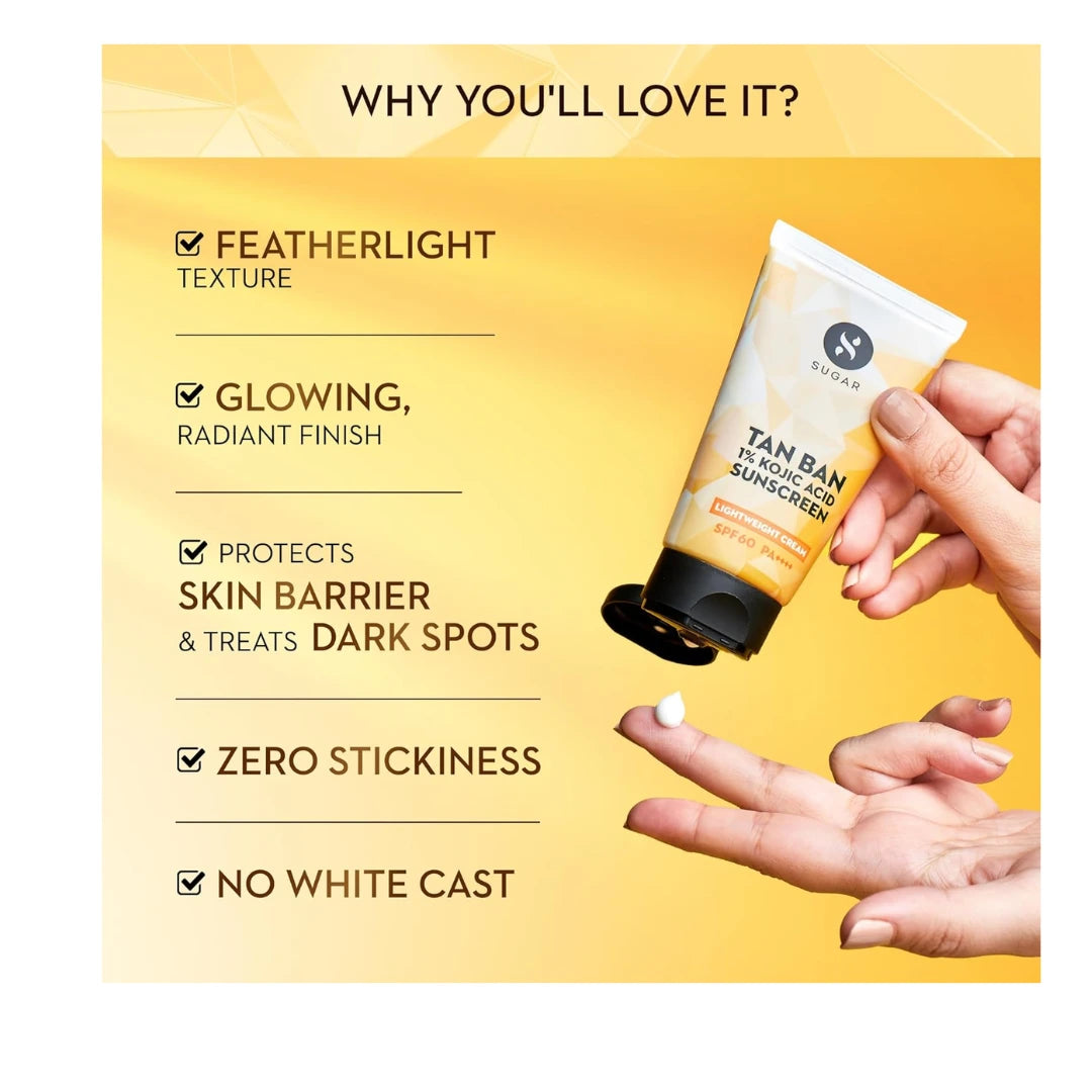 SUGAR Cosmetics Tan Ban 1% Kojic Acid Sunscreen SPF60 ++++ | 1% Peptide Complex | Barrier Repair | No White Cast | 50ml