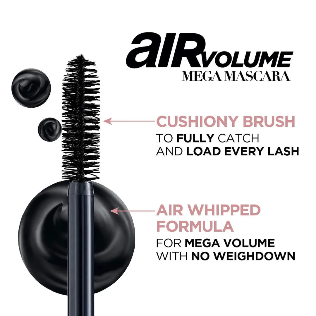 L'Oreal Paris Makeup Air Volume Mega Mascara, Lightweight & Long-lasting Volumizing Mascara for Voluminous Eyelashes, Washable Blackest Black, 0.3 Fl