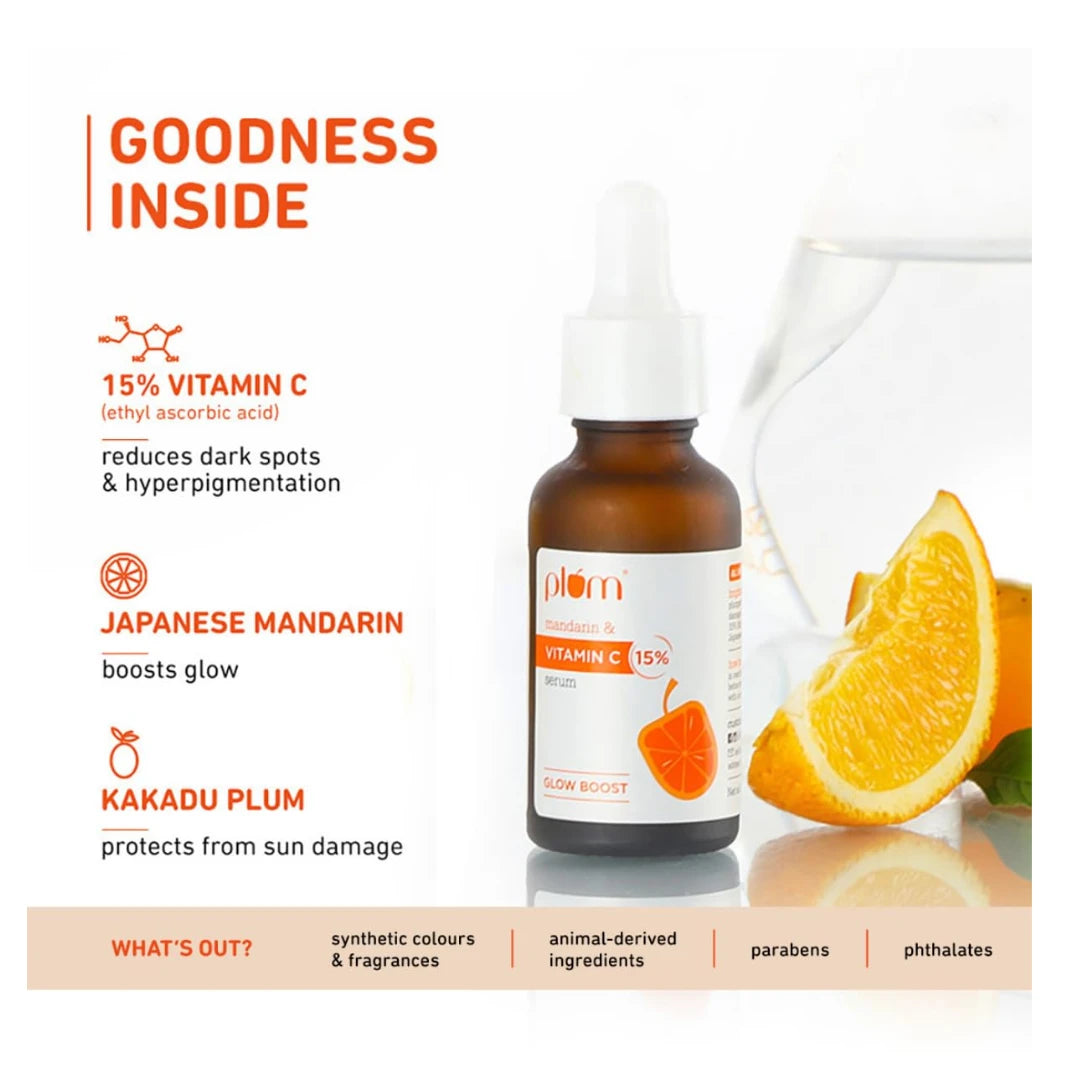 Plum 15% Vitamin C Serum for Glowing Skin | for Oily, Dry & Combination Skin | Reduce Pigmentation & Dark Spot |with Mandarin | Non-Irritating, Hydrating & Soothing | Face Serum for Men & Women | 30ml