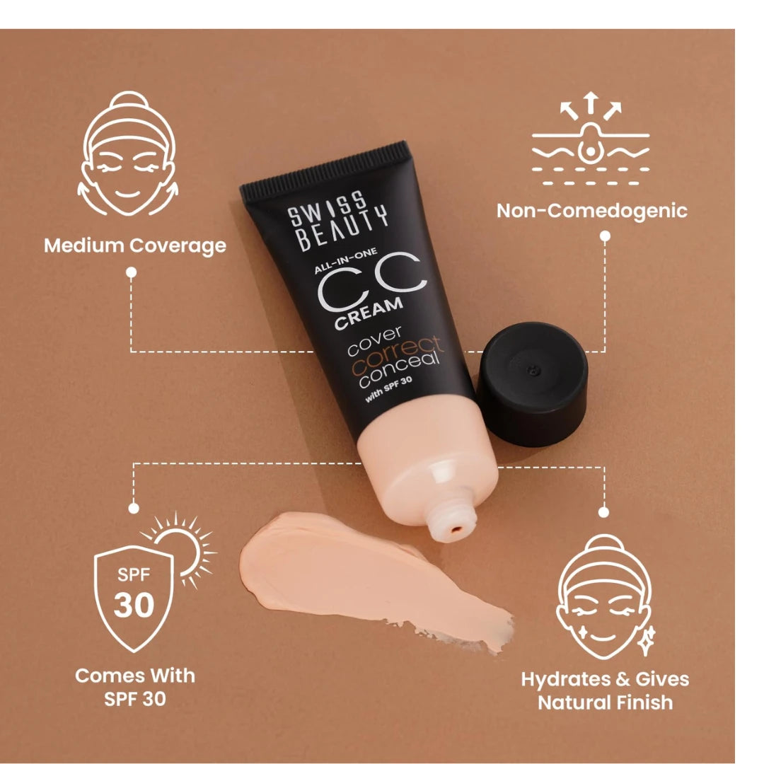 Swiss Beauty All-In-One Lightweight CC Cream with SPF 30 | Cover, Correct and Conceal | For Natural, Medium coverage | Shade- 03 Fair Natural, 25g |